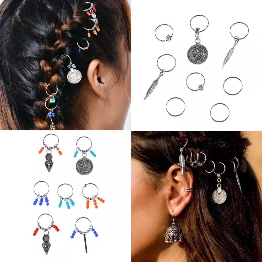 Braid Hair Rings Gypsy Hair Charm Festival Jewelry set B